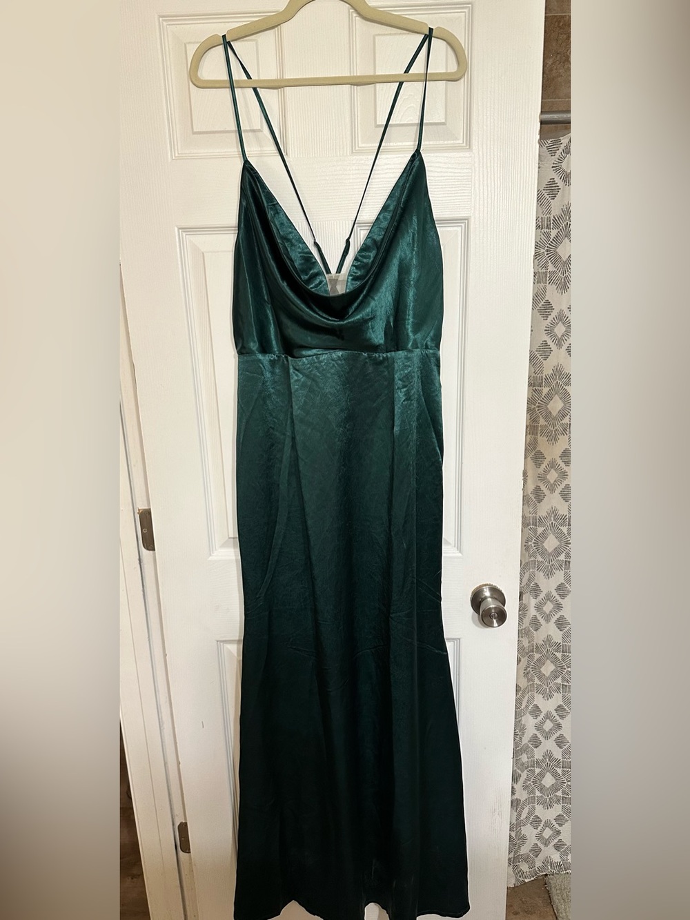 Emerald Green Satin Maxi Dress 2X Cowl Neck Formal Evening Wedding Strappy